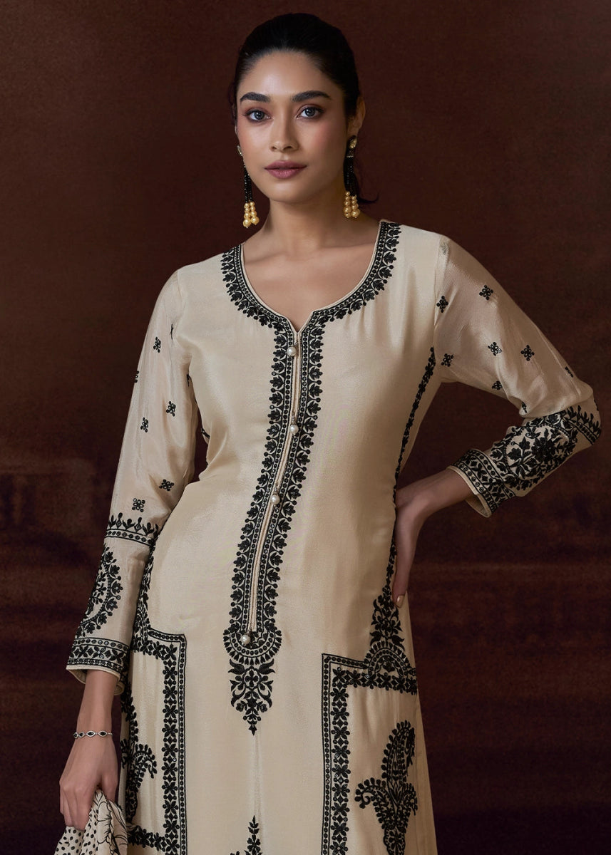 Linen White Chinon Silk Pant Suit with Intricate Embroidery: Eid Edition - House of Sarvati LLC