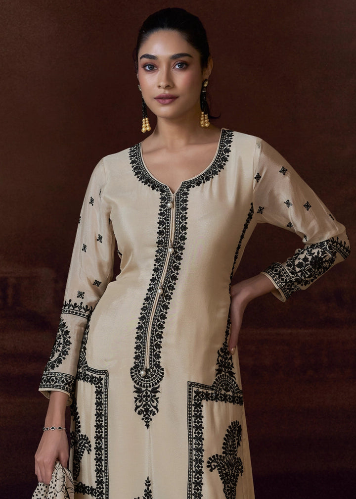 Linen White Chinon Silk Pant Suit with Intricate Embroidery: Eid Edition - House of Sarvati LLC