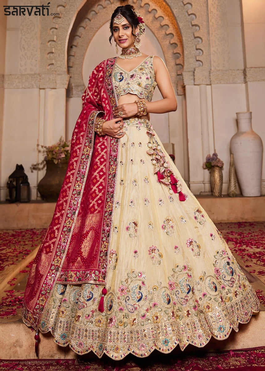 Linen White Tissue Lehenga with Ornate Beads & Stone Handwork - House of Sarvati LLC