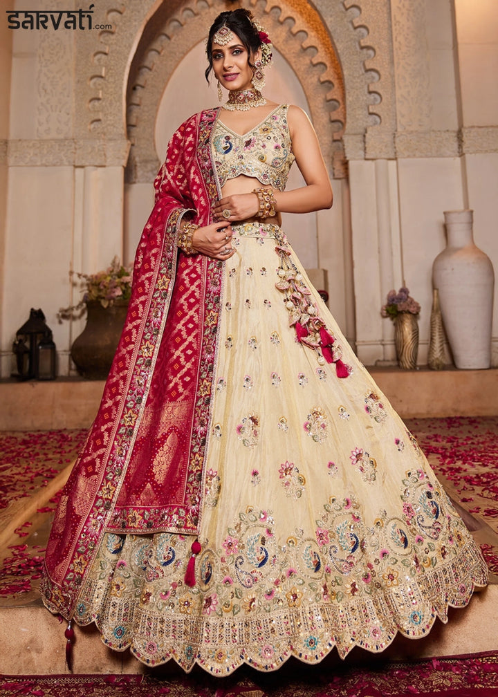 Linen White Tissue Lehenga with Ornate Beads & Stone Handwork - House of Sarvati LLC