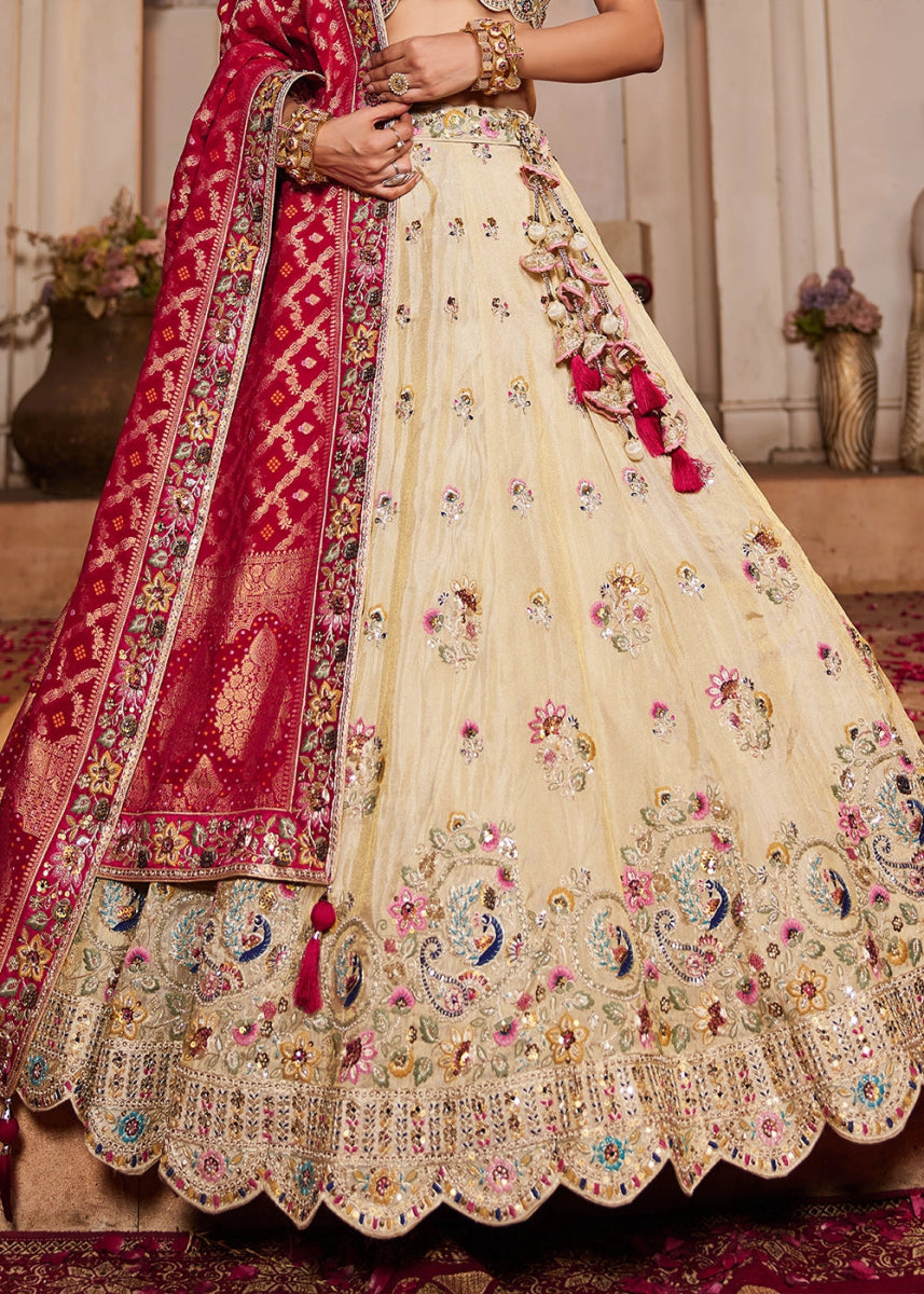 Linen White Tissue Lehenga with Ornate Beads & Stone Handwork - House of Sarvati LLC