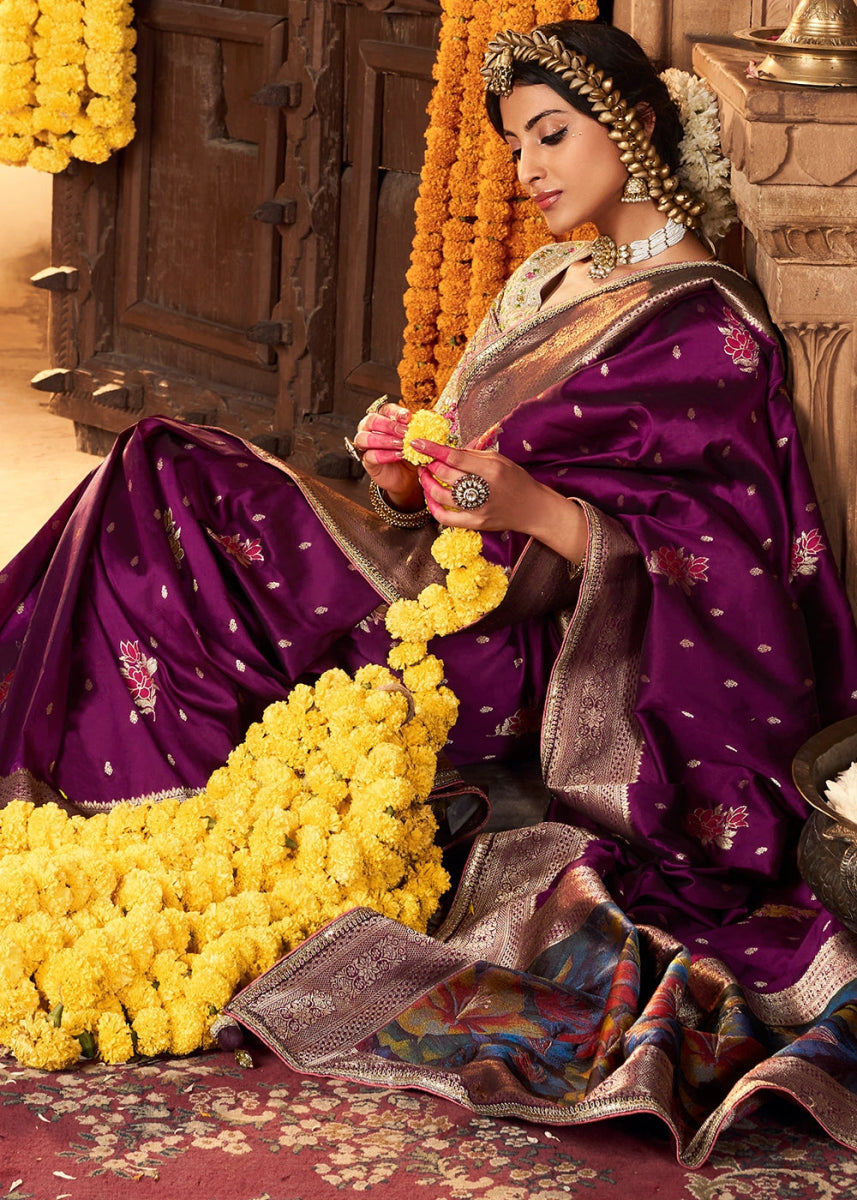 Lollipop Purple Banarasi Silk Saree with Handcrafted Embroidered Blouse - House of Sarvati LLC
