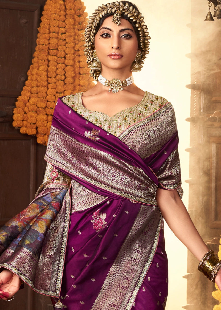 Lollipop Purple Banarasi Silk Saree with Handcrafted Embroidered Blouse - House of Sarvati LLC