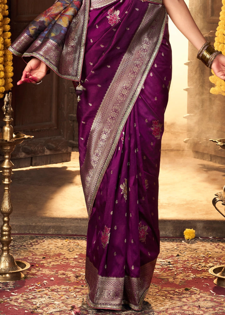 Lollipop Purple Banarasi Silk Saree with Handcrafted Embroidered Blouse - House of Sarvati LLC