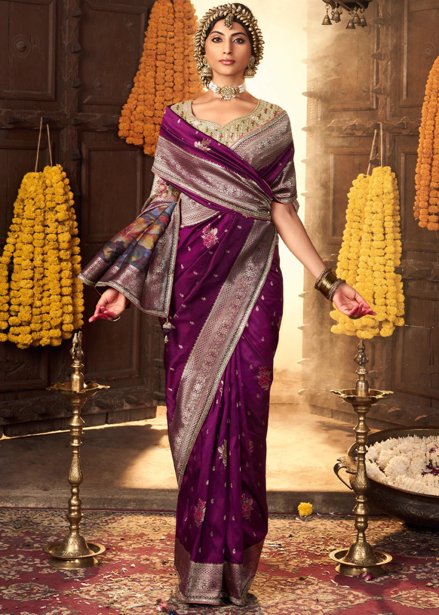 Lollipop Purple Banarasi Silk Saree with Handcrafted Embroidered Blouse - House of Sarvati LLC