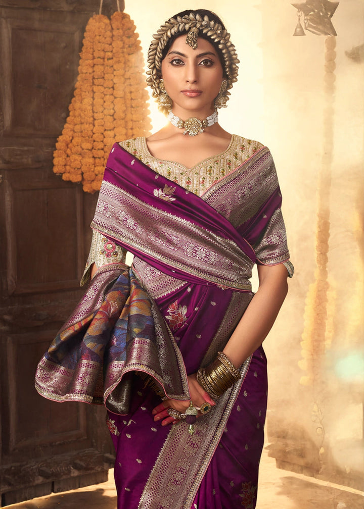 Lollipop Purple Banarasi Silk Saree with Handcrafted Embroidered Blouse - House of Sarvati LLC