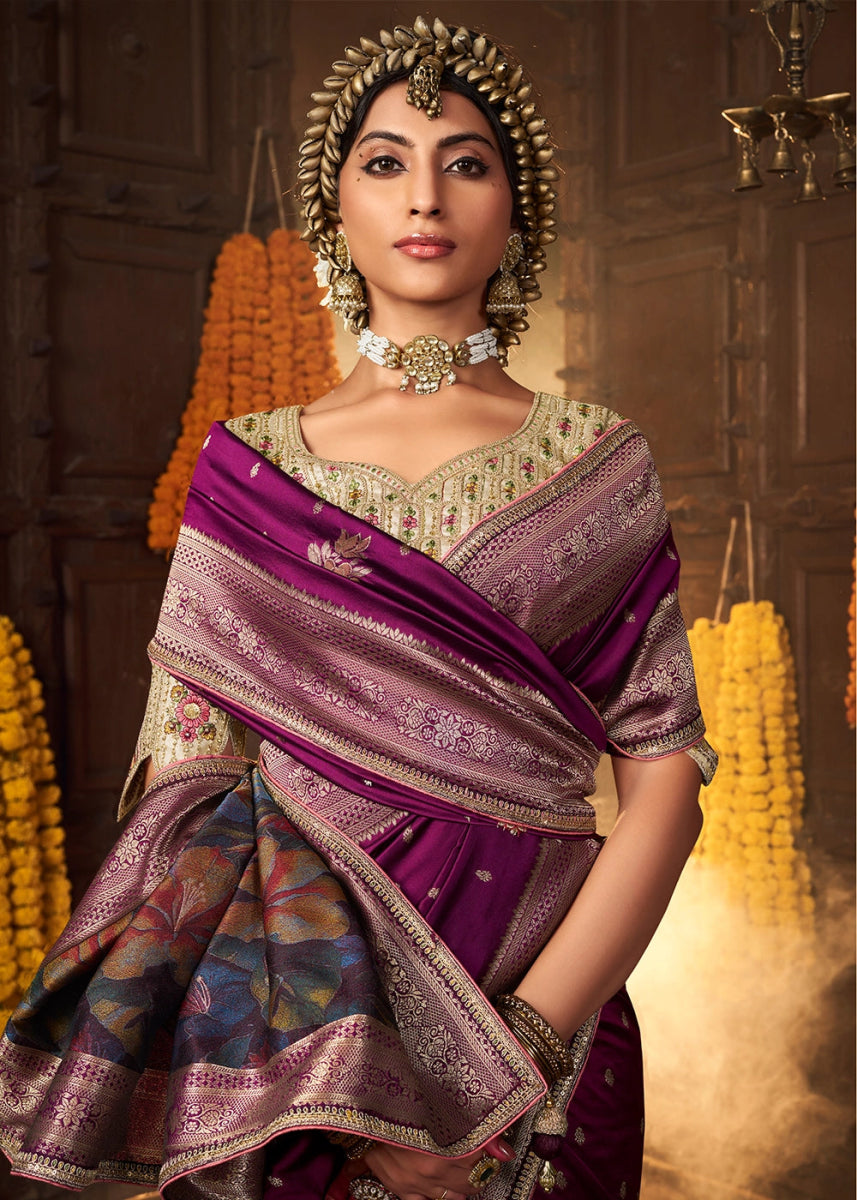 Lollipop Purple Banarasi Silk Saree with Handcrafted Embroidered Blouse - House of Sarvati LLC