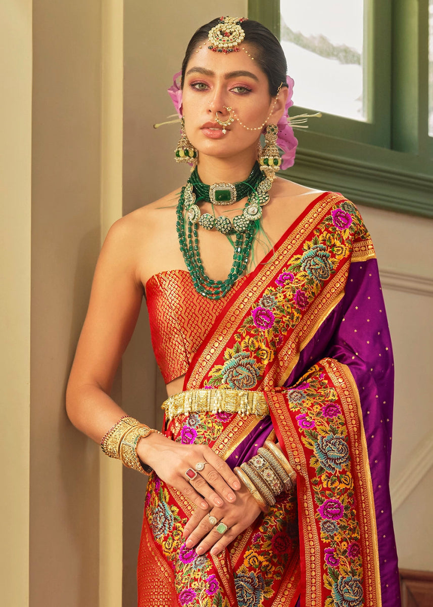 Lollipop Purple Banarasi Silk Saree With Jacquard Butti Weaving And Meenakari Border & Pallu - House of Sarvati LLC