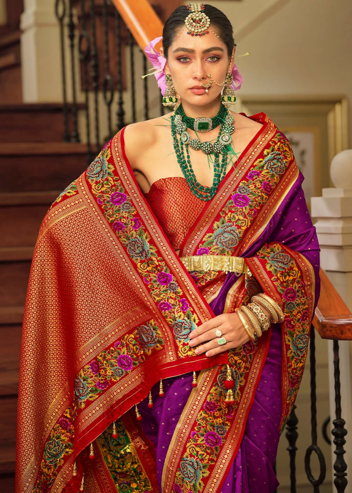 Lollipop Purple Banarasi Silk Saree With Jacquard Butti Weaving And Meenakari Border & Pallu - House of Sarvati LLC