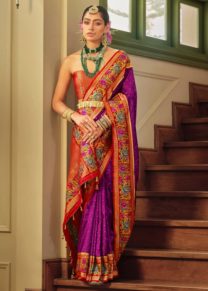 Lollipop Purple Banarasi Silk Saree With Jacquard Butti Weaving And Meenakari Border & Pallu - House of Sarvati LLC