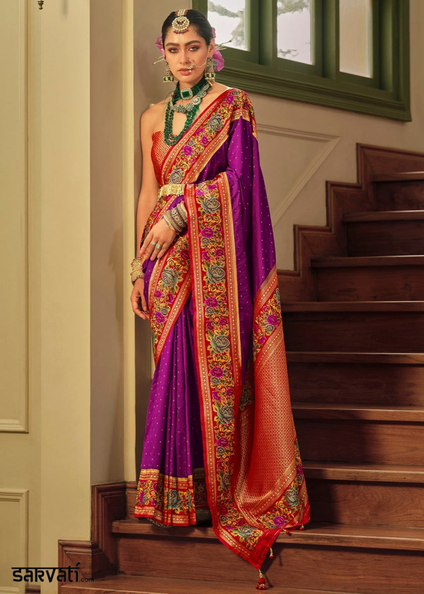 Lollipop Purple Banarasi Silk Saree With Jacquard Butti Weaving And Meenakari Border & Pallu - House of Sarvati LLC
