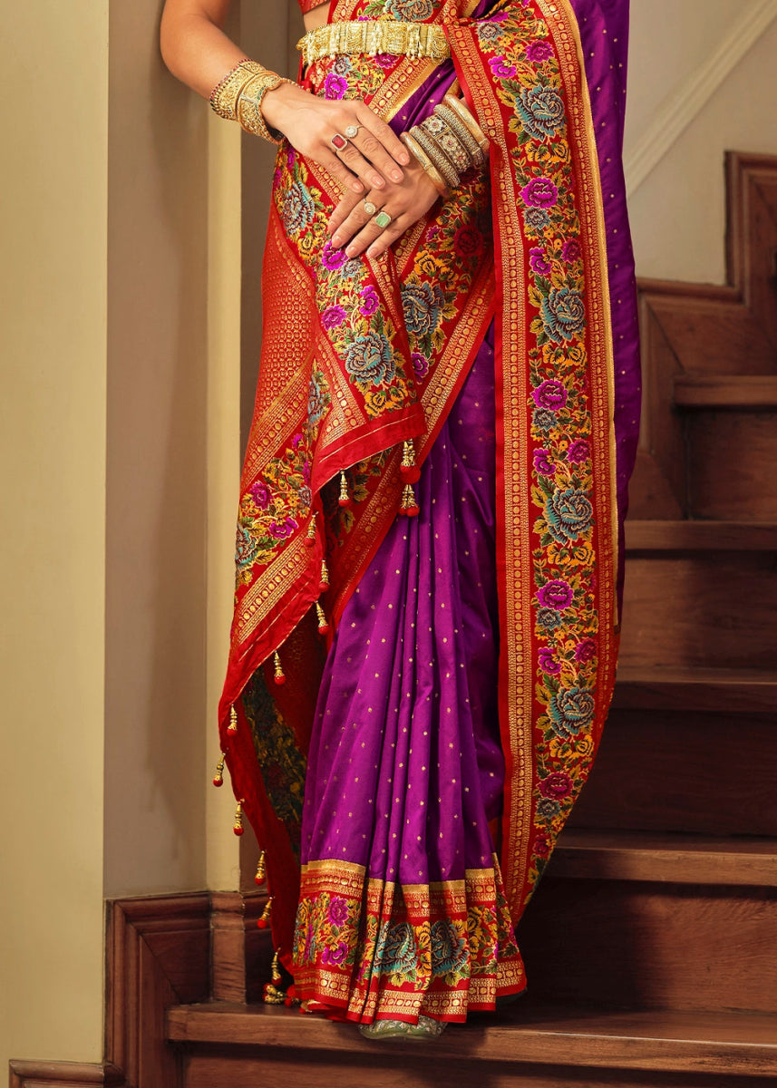 Lollipop Purple Banarasi Silk Saree With Jacquard Butti Weaving And Meenakari Border & Pallu - House of Sarvati LLC