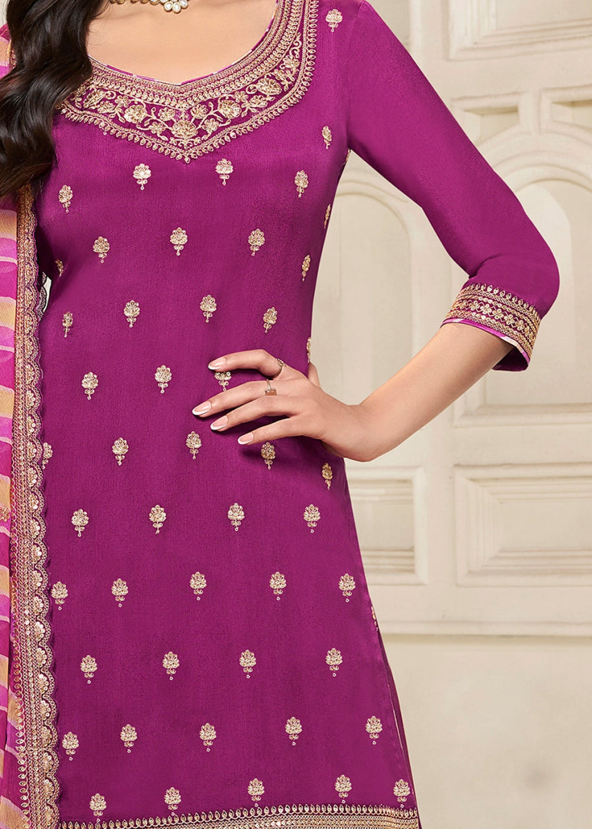 Lollipop Purple Dola Silk Sharara Suit with Intricate Jacquard Detailing - House of Sarvati LLC