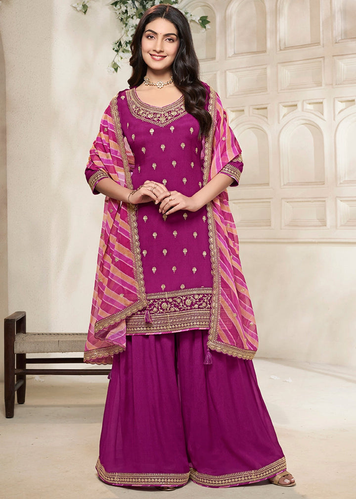 Lollipop Purple Dola Silk Sharara Suit with Intricate Jacquard Detailing - House of Sarvati LLC