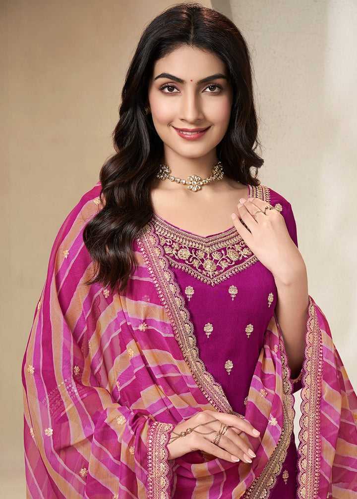 Lollipop Purple Dola Silk Sharara Suit with Intricate Jacquard Detailing - House of Sarvati LLC