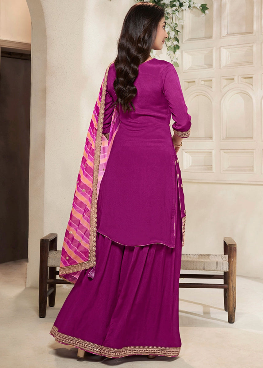 Lollipop Purple Dola Silk Sharara Suit with Intricate Jacquard Detailing - House of Sarvati LLC