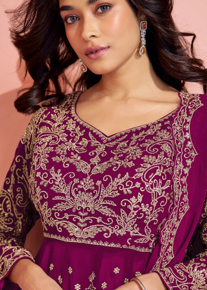 Lollipop Purple Palazzo Suit in Georgette with All - Over Embroidery - House of Sarvati LLC