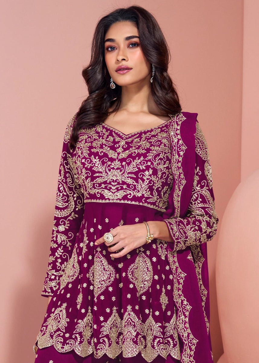 Lollipop Purple Palazzo Suit in Georgette with All - Over Embroidery - House of Sarvati LLC