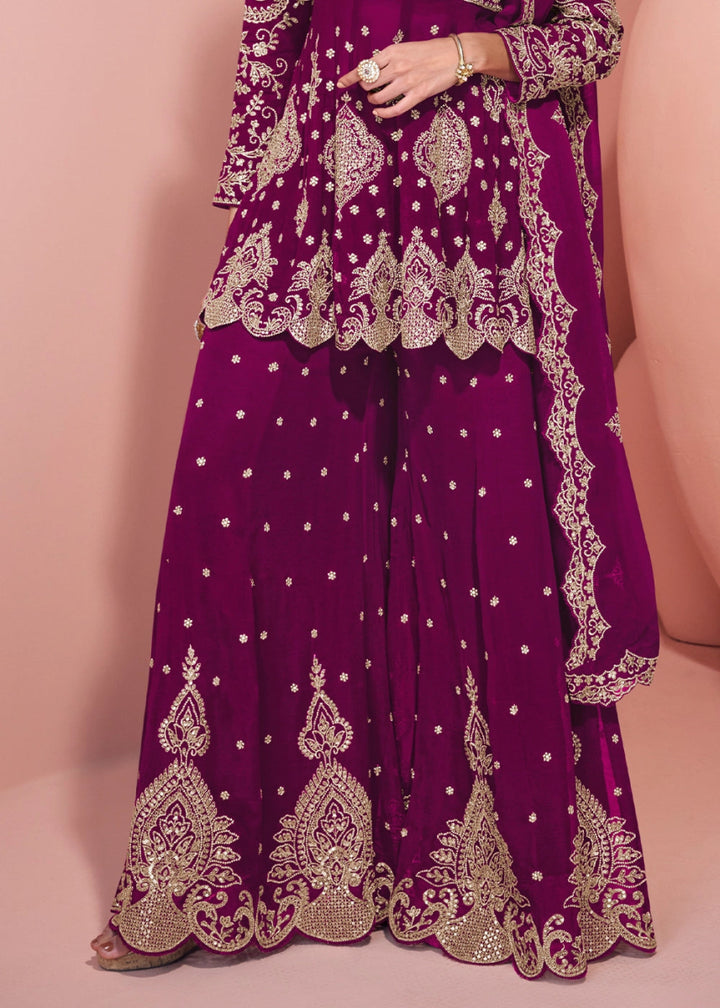 Lollipop Purple Palazzo Suit in Georgette with All - Over Embroidery - House of Sarvati LLC