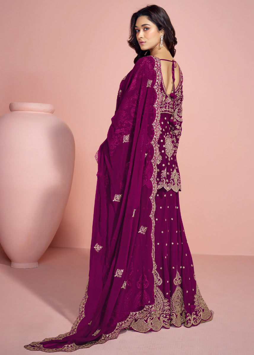 Lollipop Purple Palazzo Suit in Georgette with All - Over Embroidery - House of Sarvati LLC