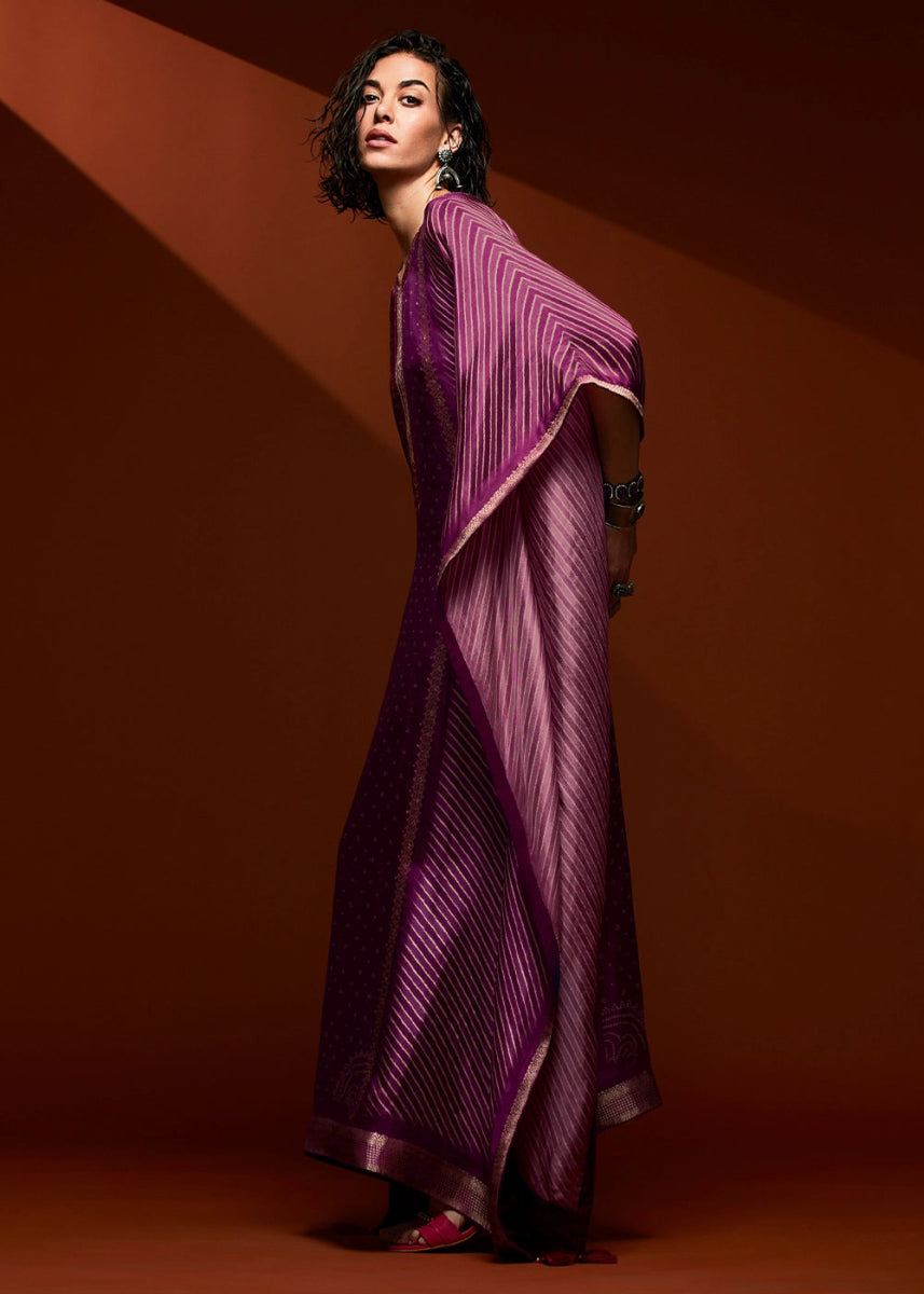 Lollipop Purple Printed Bandhani Viscose Silk Kaftan Set with Handcrafted Details - House of Sarvati LLC