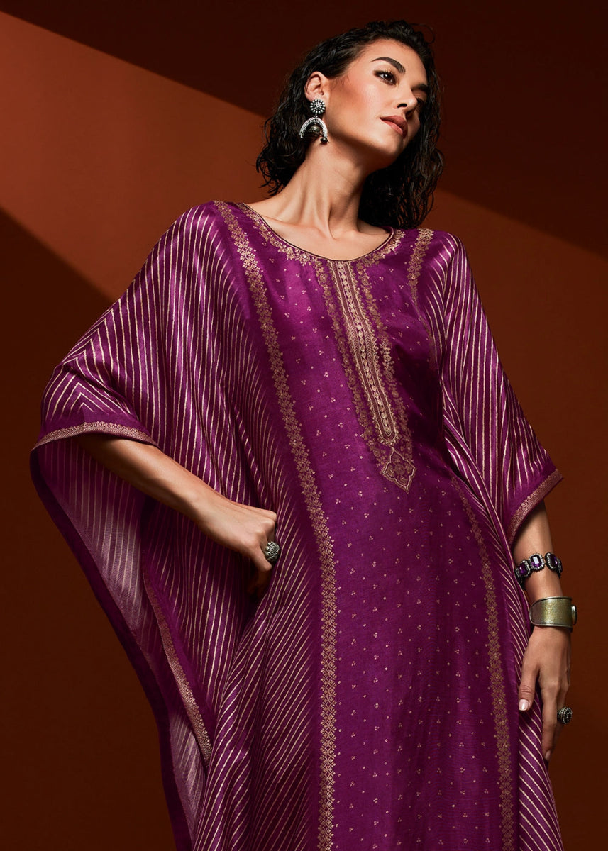 Lollipop Purple Printed Bandhani Viscose Silk Kaftan Set with Handcrafted Details - House of Sarvati LLC
