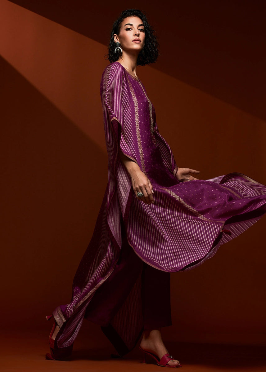 Lollipop Purple Printed Bandhani Viscose Silk Kaftan Set with Handcrafted Details - House of Sarvati LLC