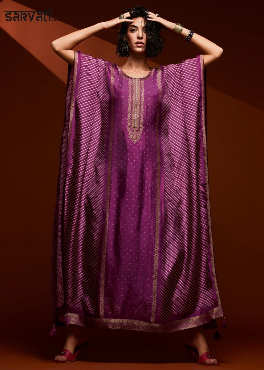 Lollipop Purple Printed Bandhani Viscose Silk Kaftan Set with Handcrafted Details - House of Sarvati LLC