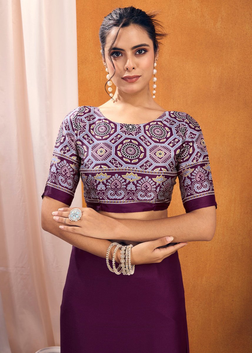 Lollipop Purple Satin Crepe Ajrakh Gala Printed Saree - House of Sarvati LLC