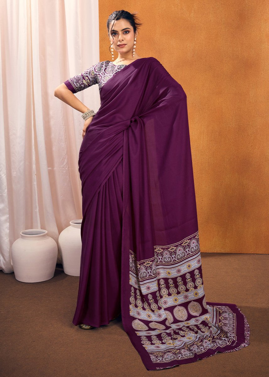 Lollipop Purple Satin Crepe Ajrakh Gala Printed Saree - House of Sarvati LLC