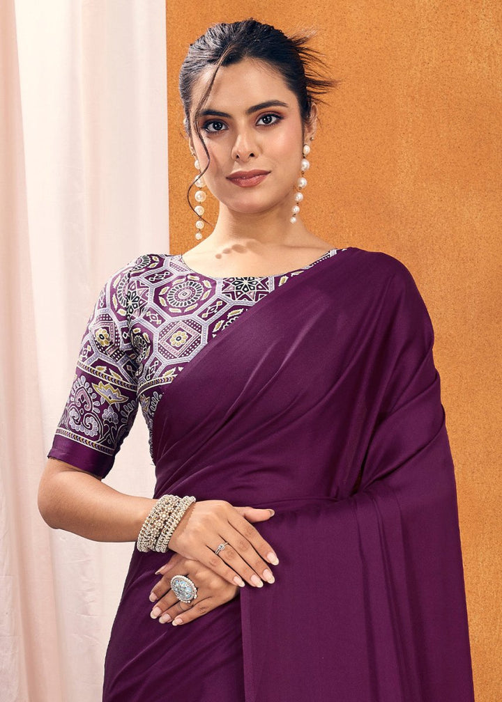 Lollipop Purple Satin Crepe Ajrakh Gala Printed Saree - House of Sarvati LLC