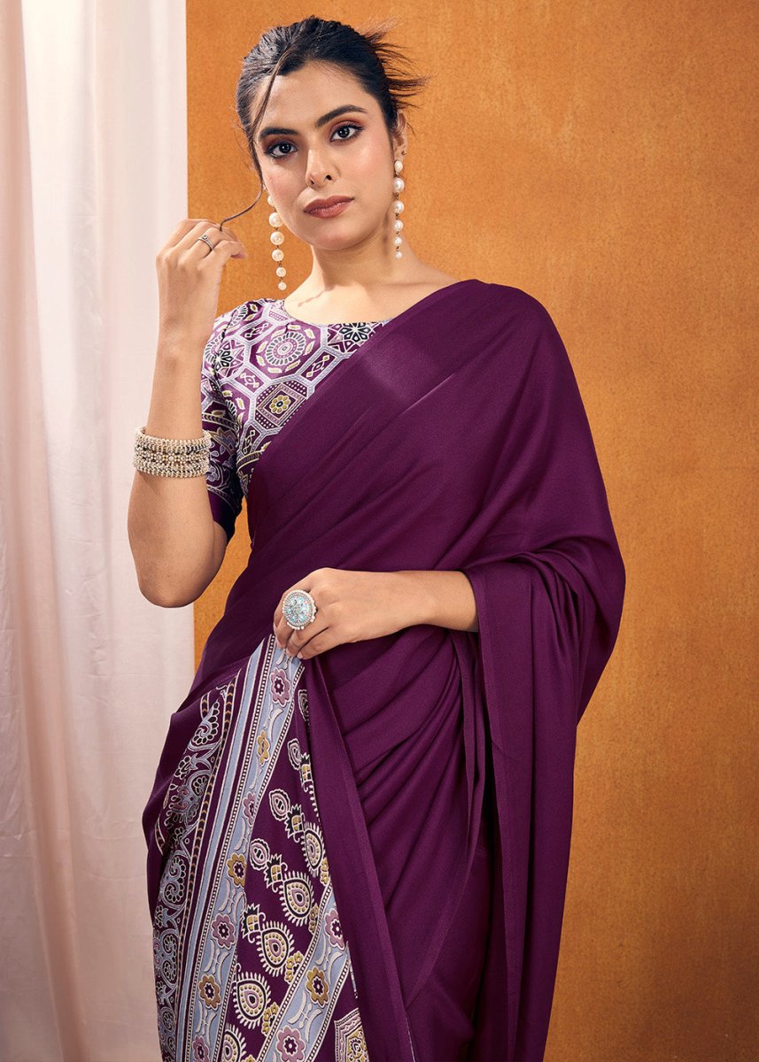 Lollipop Purple Satin Crepe Ajrakh Gala Printed Saree - House of Sarvati LLC