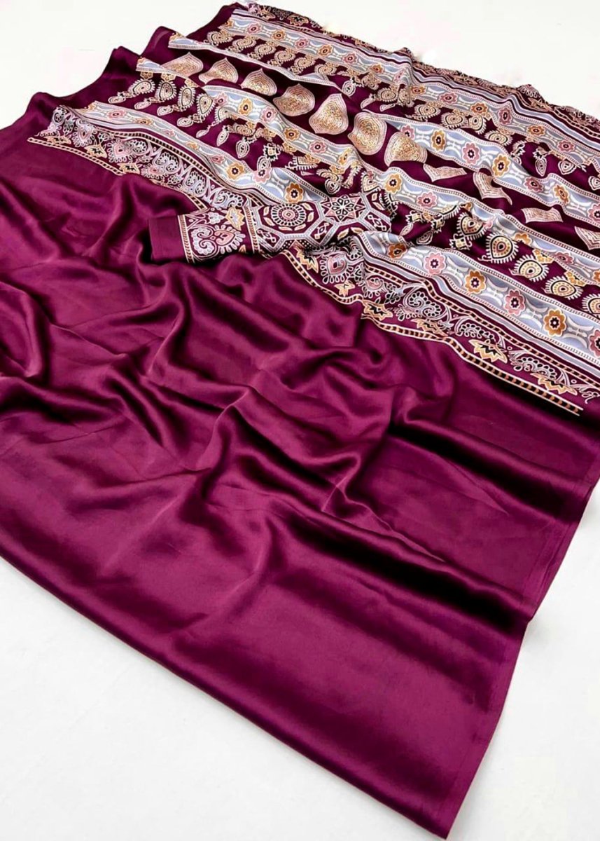 Lollipop Purple Satin Crepe Ajrakh Gala Printed Saree - House of Sarvati LLC