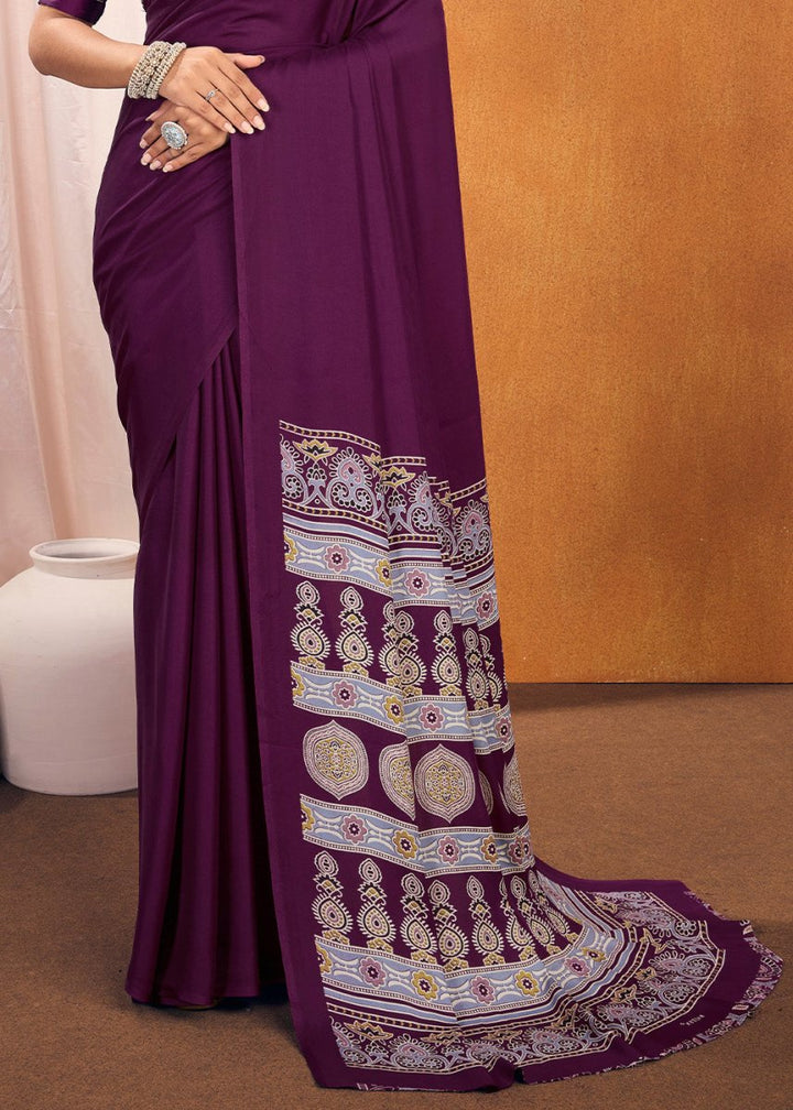 Lollipop Purple Satin Crepe Ajrakh Gala Printed Saree - House of Sarvati LLC