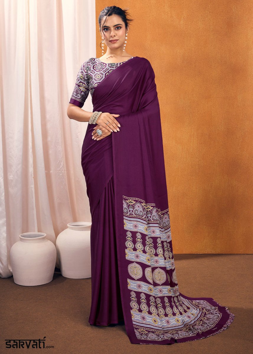 Lollipop Purple Satin Crepe Ajrakh Gala Printed Saree - House of Sarvati LLC