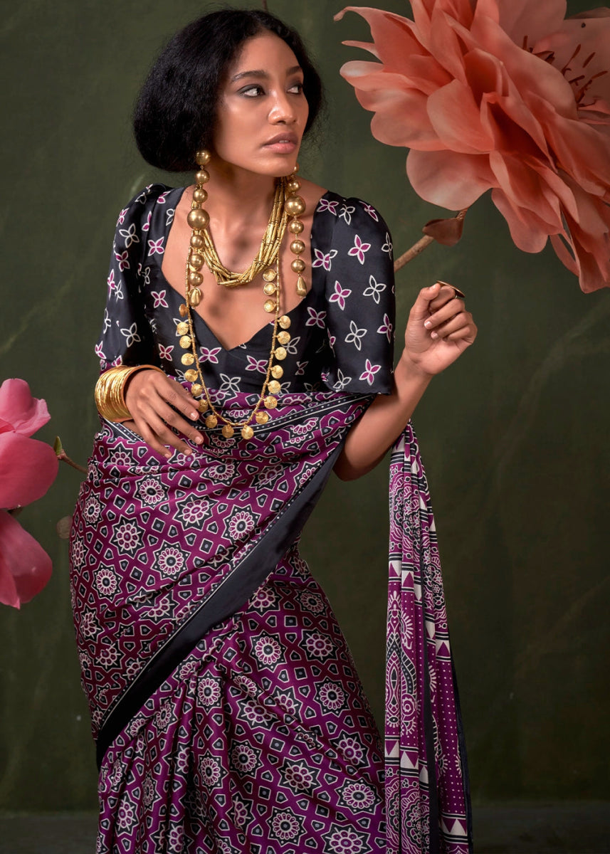 Lollipop Purple Satin Crepe Saree Featuring Rich Ajrakh Prints - House of Sarvati LLC