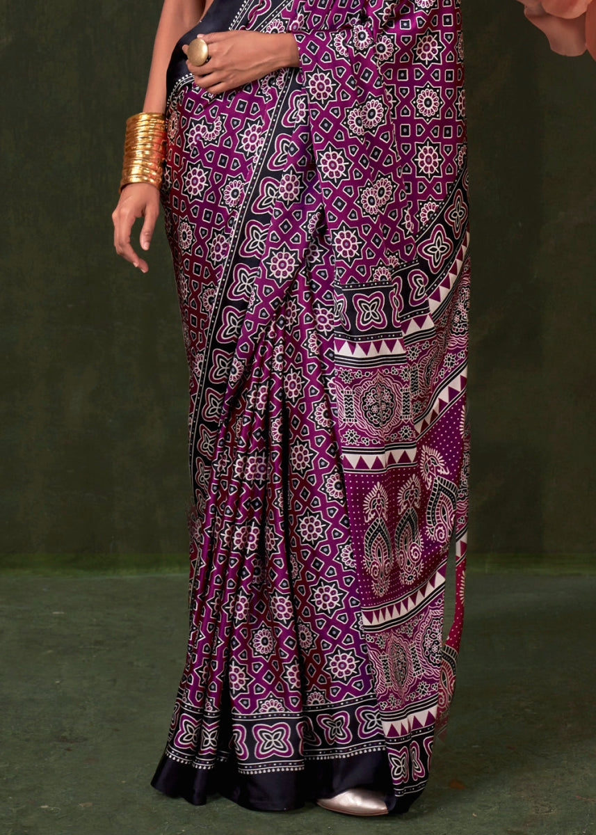 Lollipop Purple Satin Crepe Saree Featuring Rich Ajrakh Prints - House of Sarvati LLC