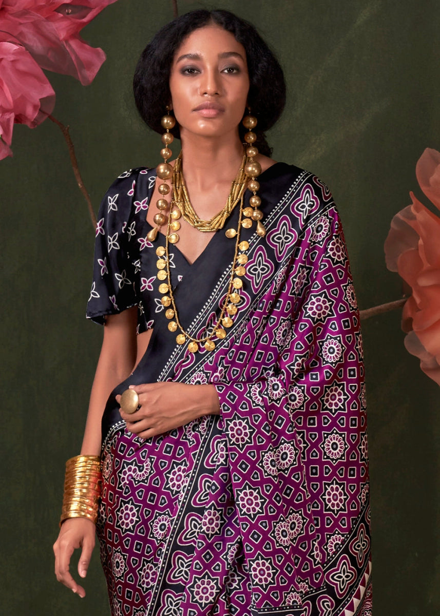 Lollipop Purple Satin Crepe Saree Featuring Rich Ajrakh Prints - House of Sarvati LLC