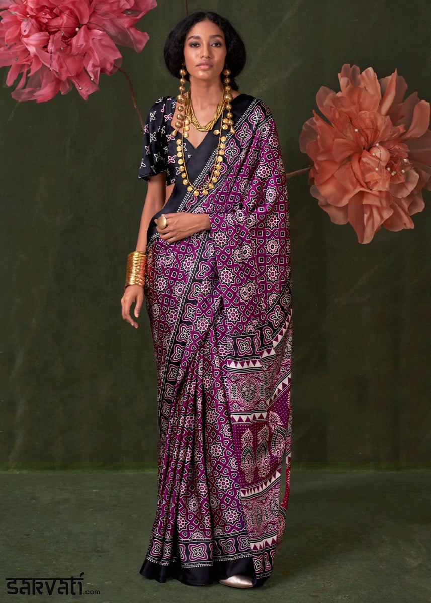 Lollipop Purple Satin Crepe Saree Featuring Rich Ajrakh Prints - House of Sarvati LLC