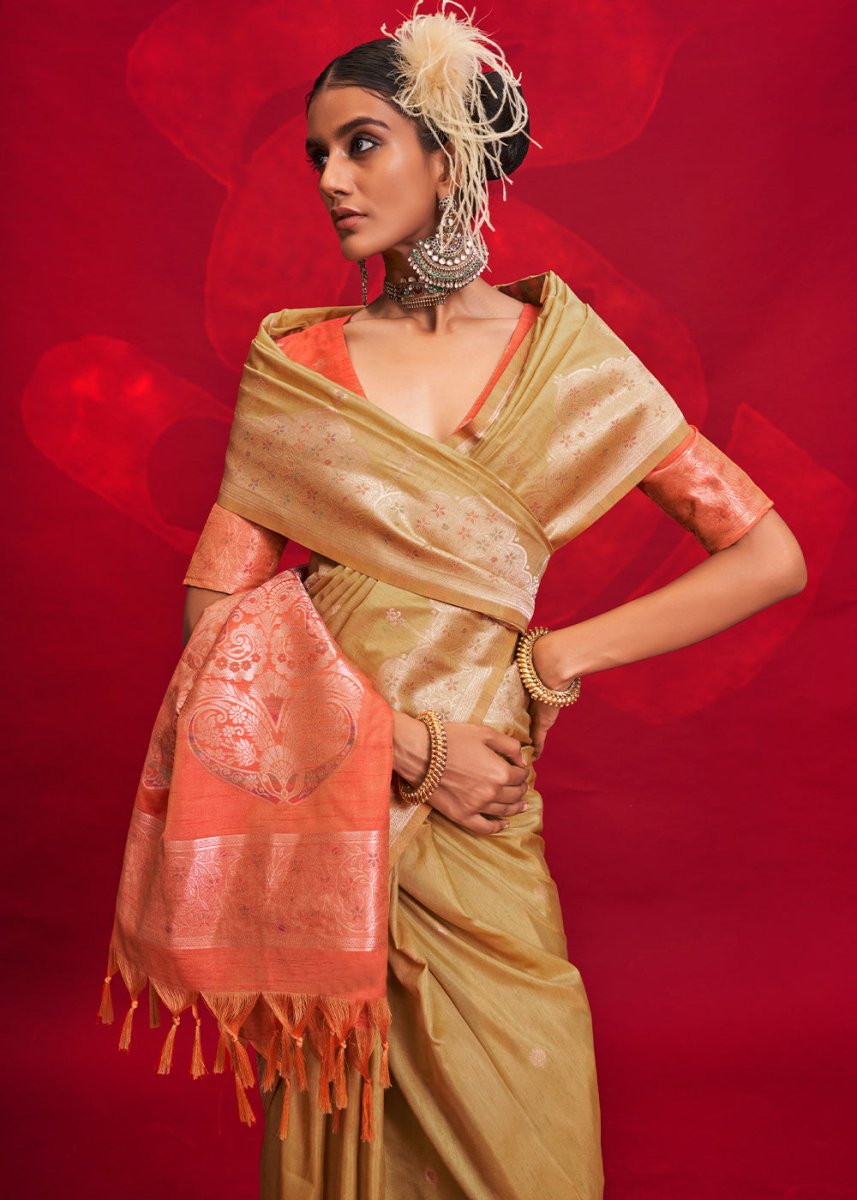 Luxury Camel Brown Tussar Silk Saree with Handloom Weave & Ikkat Pallu - House of Sarvati LLC