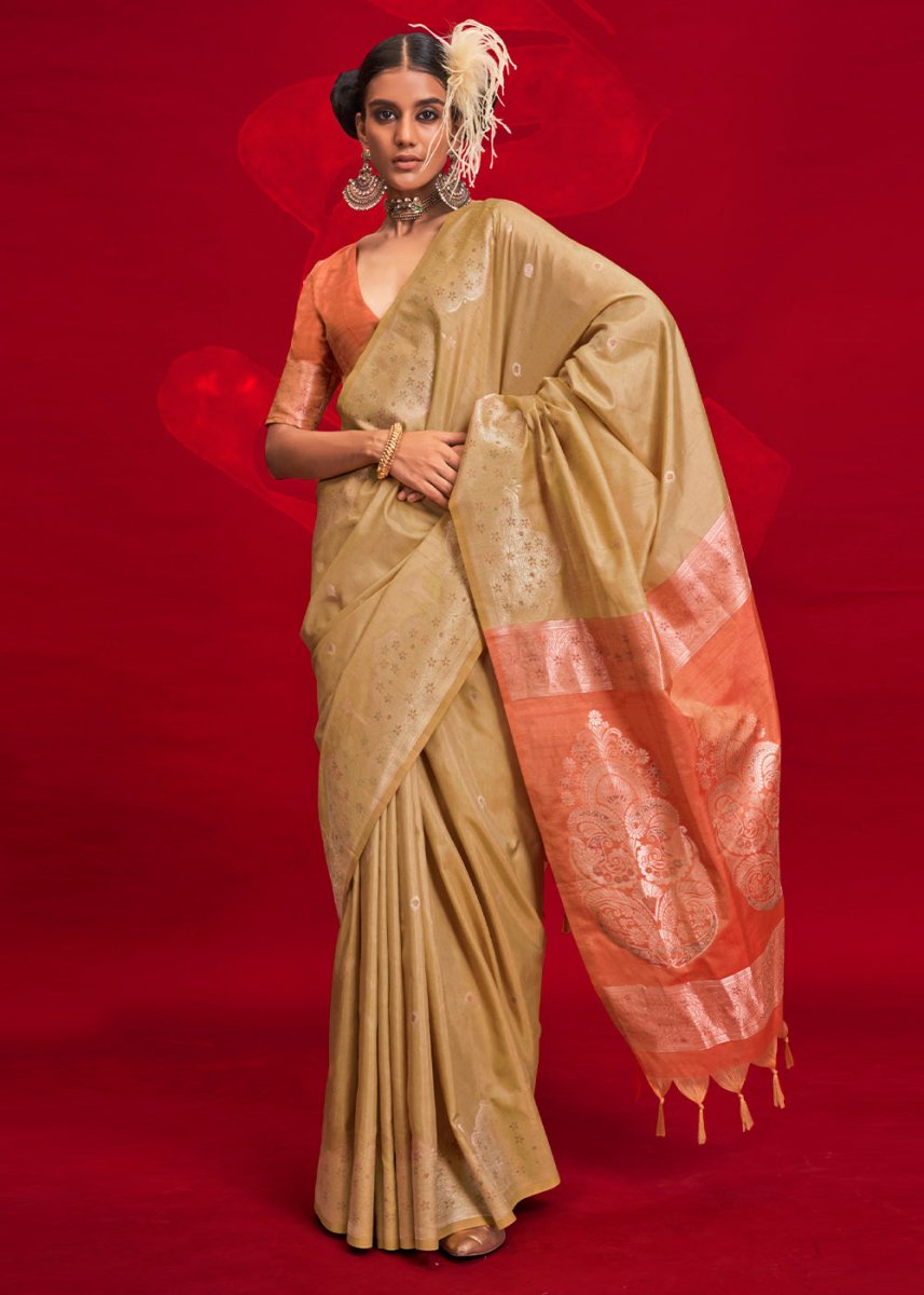 Luxury Camel Brown Tussar Silk Saree with Handloom Weave & Ikkat Pallu - House of Sarvati LLC