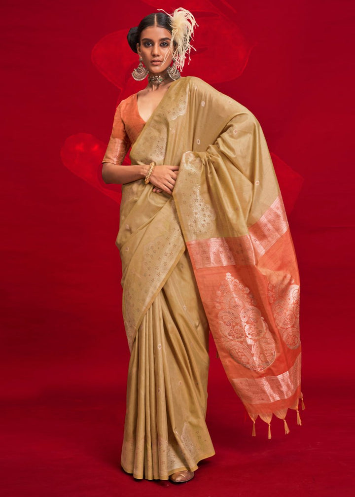 Luxury Camel Brown Tussar Silk Saree with Handloom Weave & Ikkat Pallu - House of Sarvati LLC