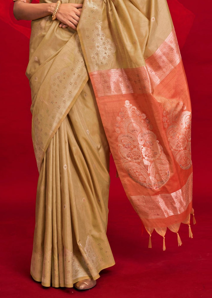 Luxury Camel Brown Tussar Silk Saree with Handloom Weave & Ikkat Pallu - House of Sarvati LLC