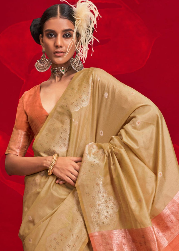 Luxury Camel Brown Tussar Silk Saree with Handloom Weave & Ikkat Pallu - House of Sarvati LLC