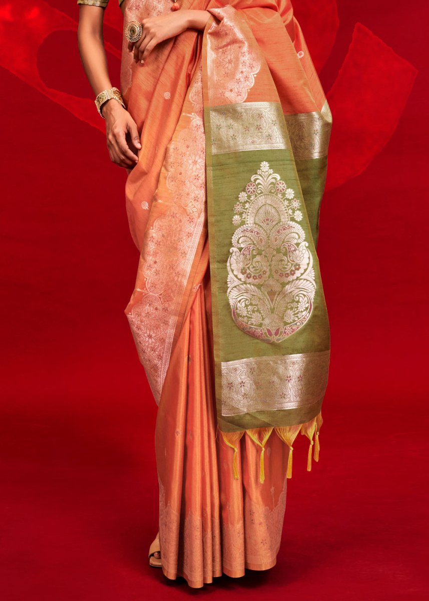 Luxury Carrot Orange Tussar Silk Saree with Handloom Weave & Ikkat Pallu - House of Sarvati LLC