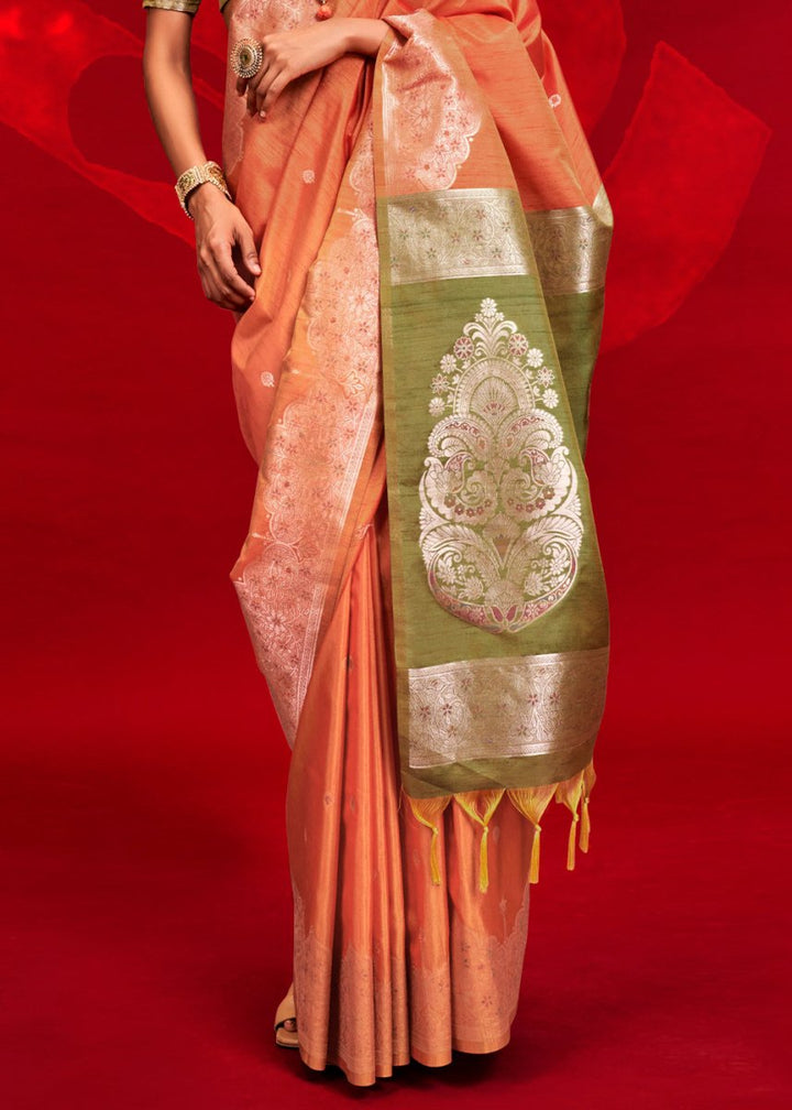 Luxury Carrot Orange Tussar Silk Saree with Handloom Weave & Ikkat Pallu - House of Sarvati LLC