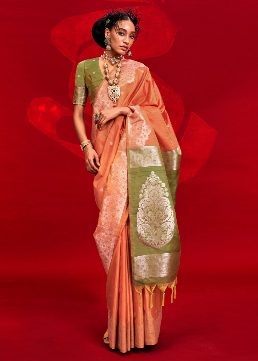 Luxury Carrot Orange Tussar Silk Saree with Handloom Weave & Ikkat Pallu - House of Sarvati LLC