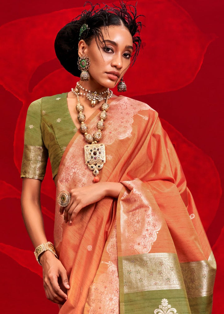 Luxury Carrot Orange Tussar Silk Saree with Handloom Weave & Ikkat Pallu - House of Sarvati LLC