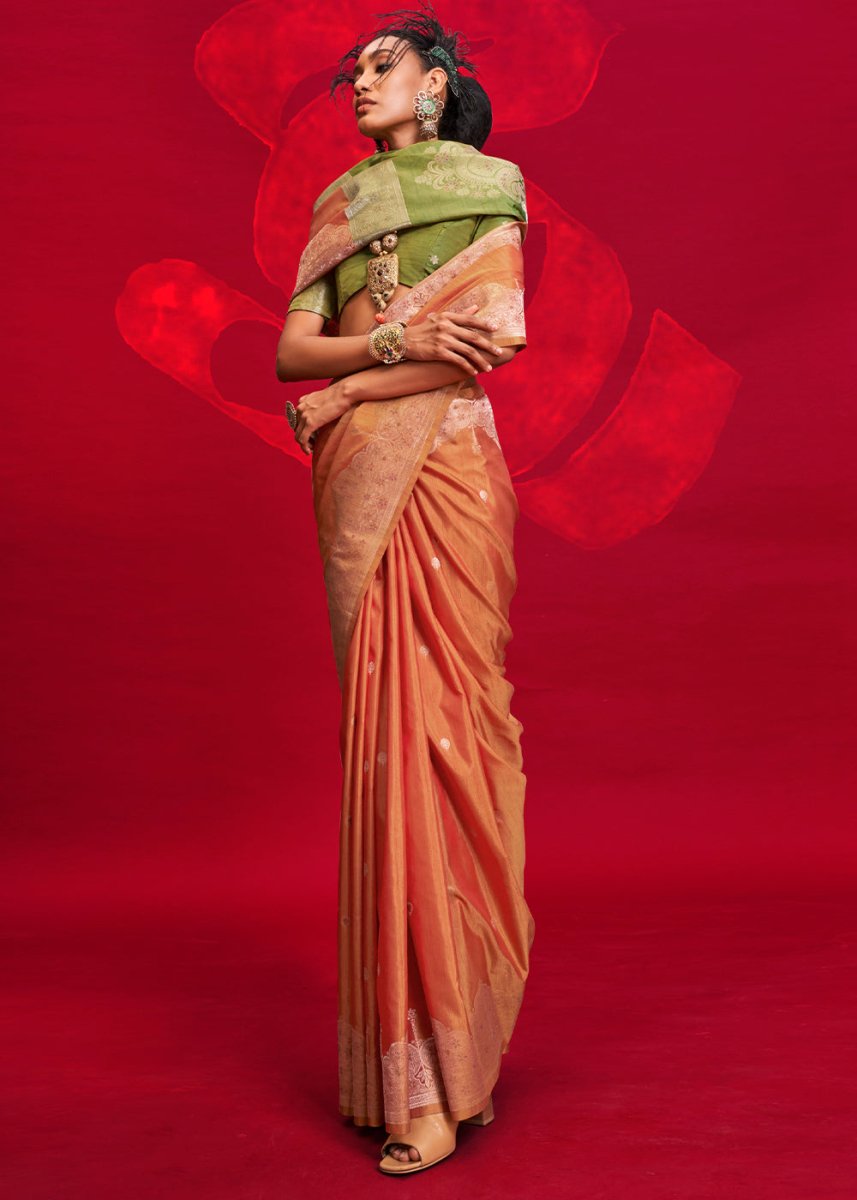 Luxury Carrot Orange Tussar Silk Saree with Handloom Weave & Ikkat Pallu - House of Sarvati LLC
