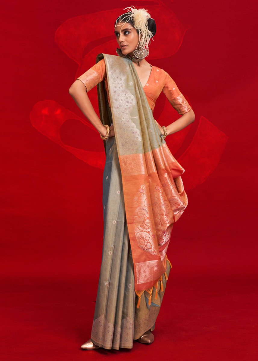 Luxury Dove Grey Tussar Silk Saree with Handloom Weave & Ikkat Pallu - House of Sarvati LLC